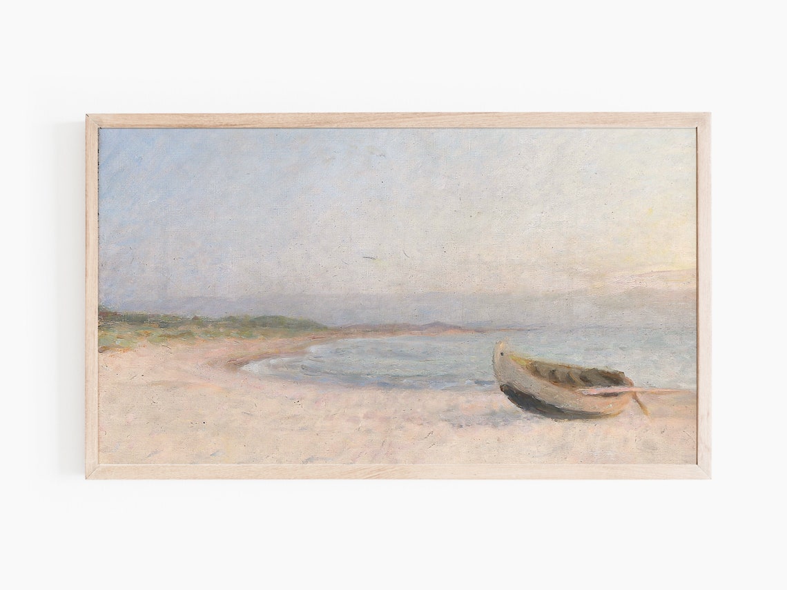 Pastel Seascape Rowboat On Pale Beach Dawn Coastal Tranquil Art Poster - Image 3