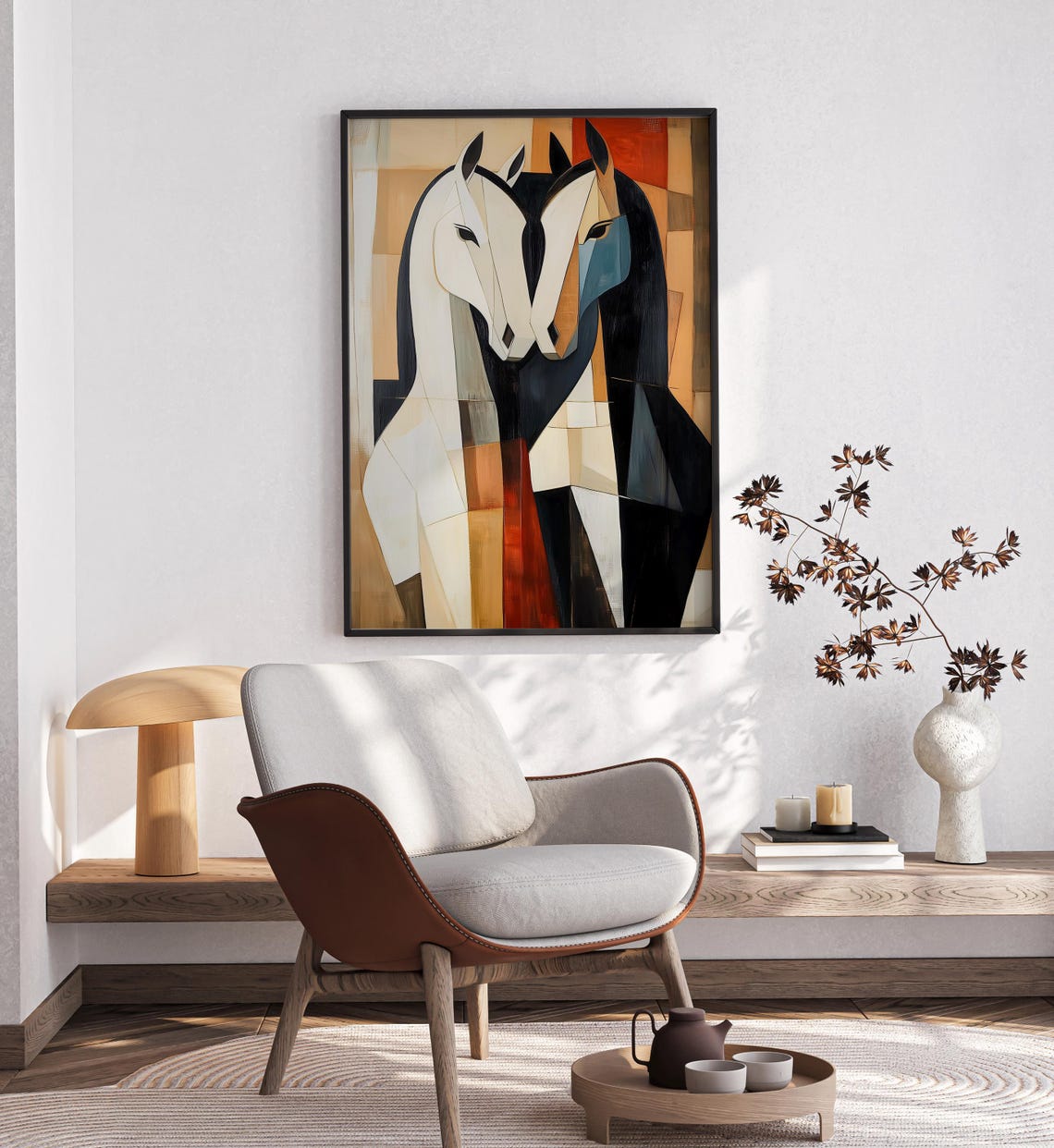 Geometric Black White Horse Pair Cubist Warm Palette Art Poster - Image 2