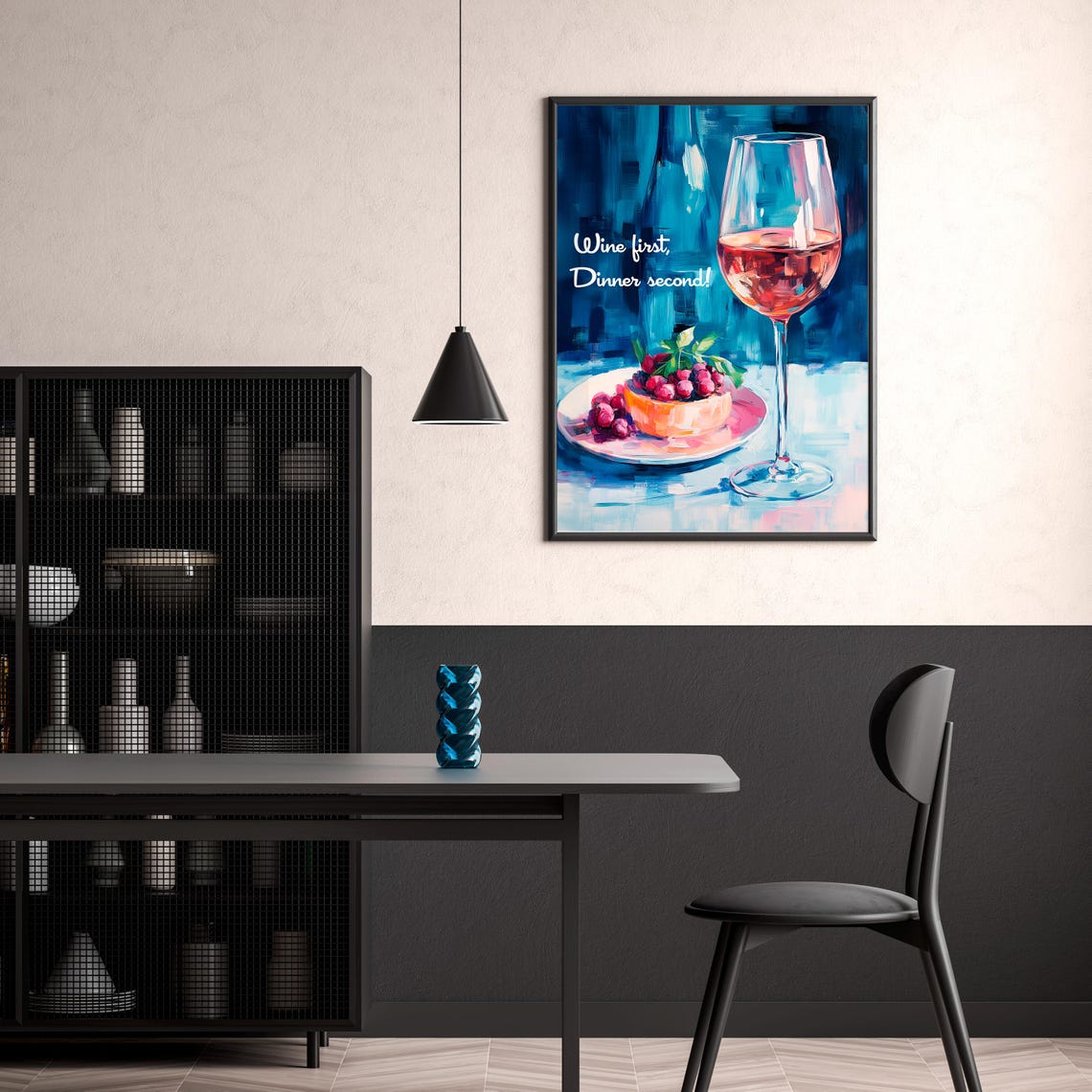 Wine First Dinner Second Rose Glass Grapes Blue Kitchen Art Poster - Image 3