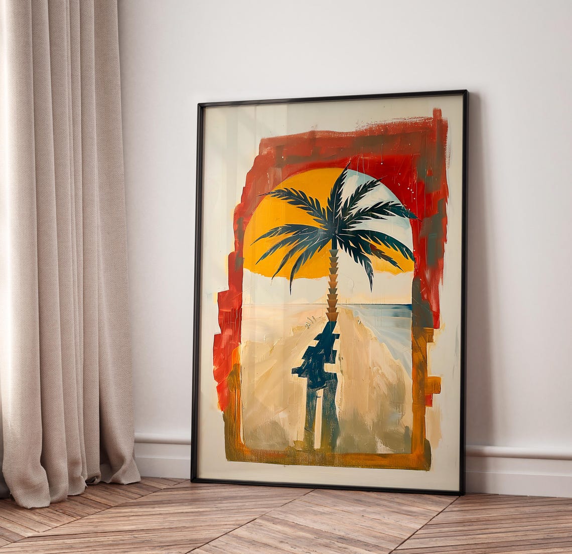 Morocco Sun Palm Tree Arch Desert Abstract Travel Painting Poster