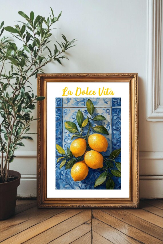 La Dolce Vita Lemon Branch Blue Tile Set of Two Mediterranean Wall Art