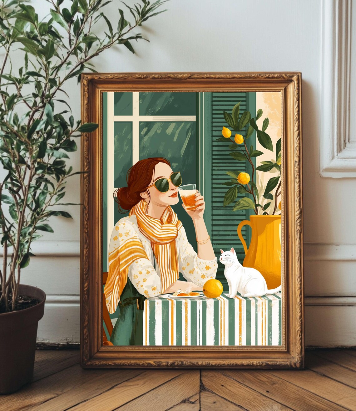 Italian Summer Woman with Aperol and Lemons Print with White Cat Friend