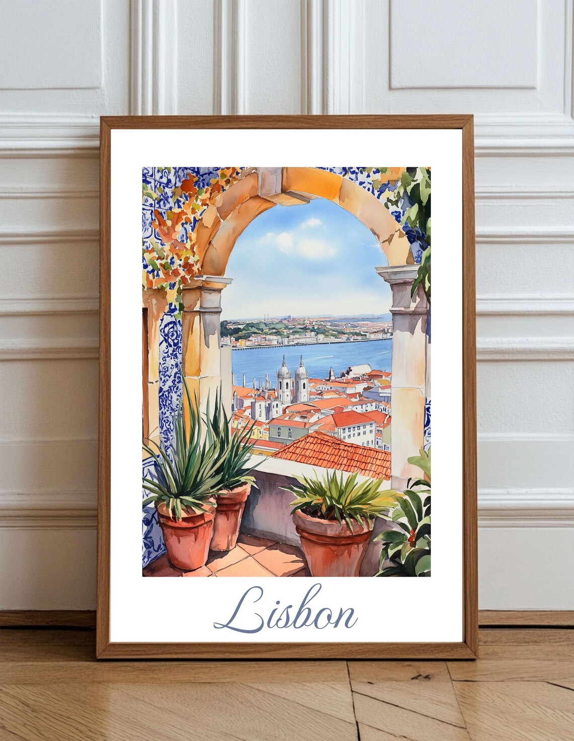 Lisbon Portugal Balcony Overlook Azulejo Arch Watercolor Poster