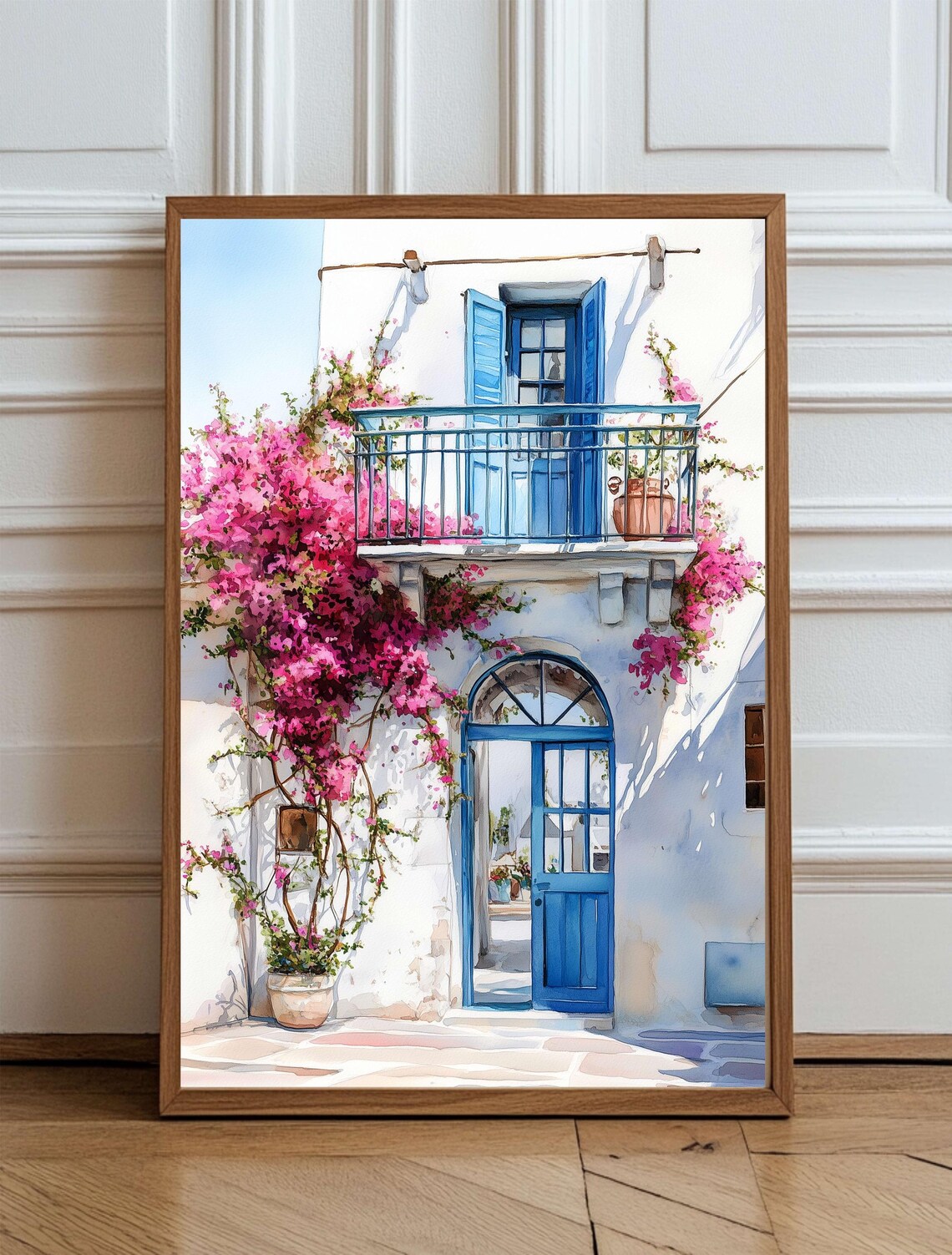 Greek Island White House Balcony Watercolor Poster with Pink Flowers