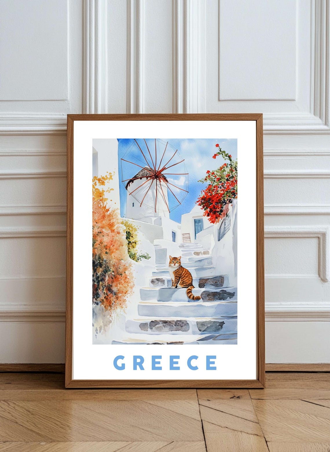 Mykonos Greece Windmill Tabby Cat White Steps Watercolor Travel Poster