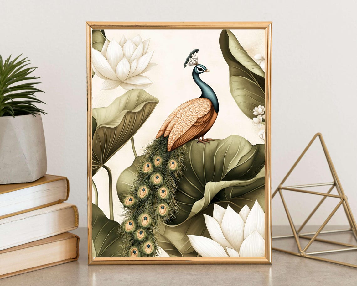 Peacock With White Lotus Tropical Botanical Exotic Bird Wall Art