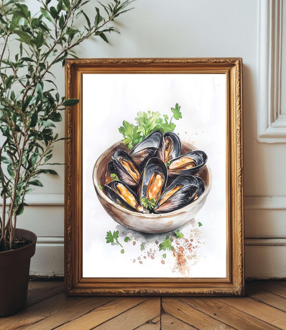 Watercolor Mussels Bowl Parsley Rustic Seafood Kitchen Wall Art