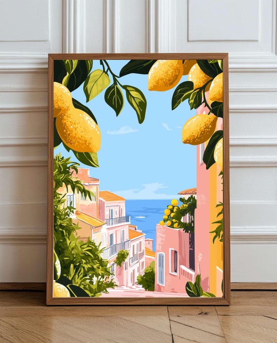 La Dolce Vita Mediterranean Lemon Street Wall Art Pink Coastal Village Print Italian Summer Decor