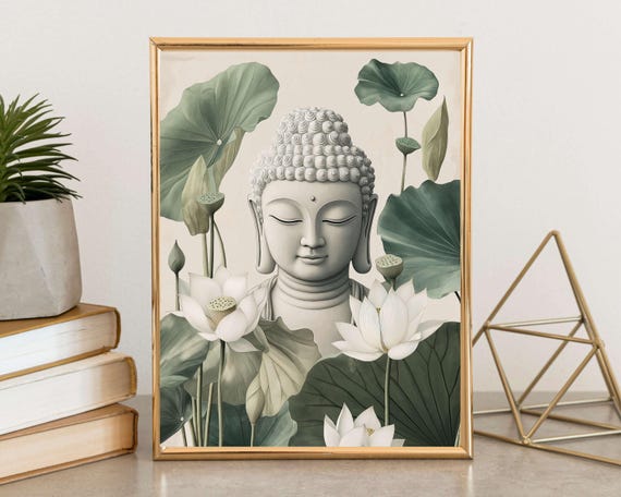 Buddha White Spiritual Zen Wall Art Botanical Meditation Decor