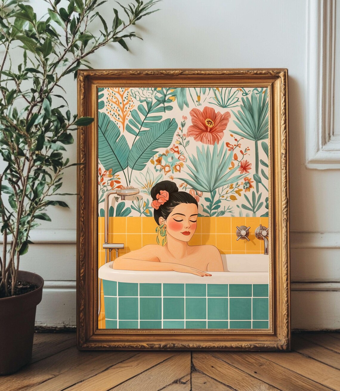 Retro Woman Bathing in Tropical Botanical Tile Bathroom Art Poster