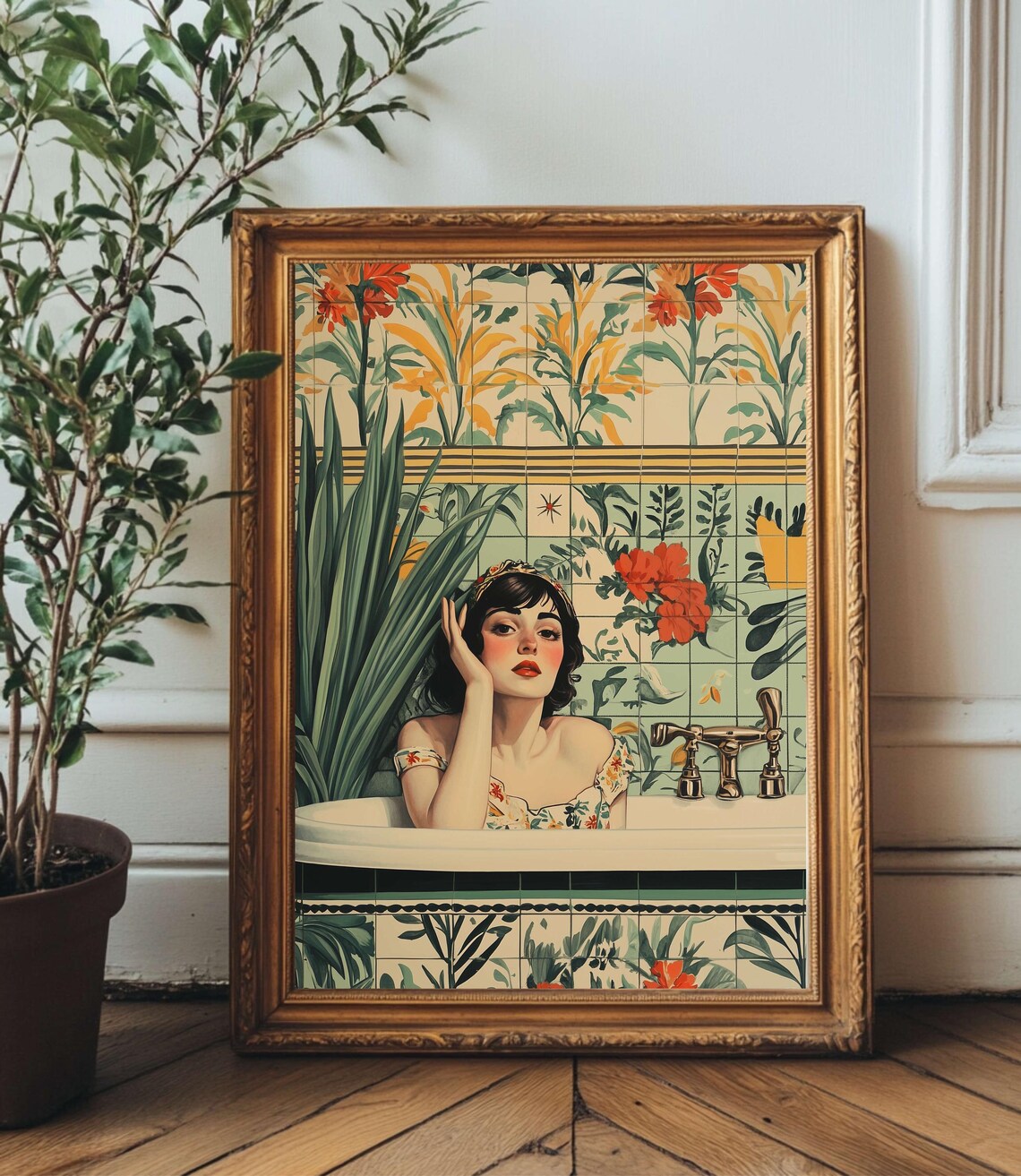 Retro Pinup Woman Relaxing in Floral Tile Bathtub Art Poster