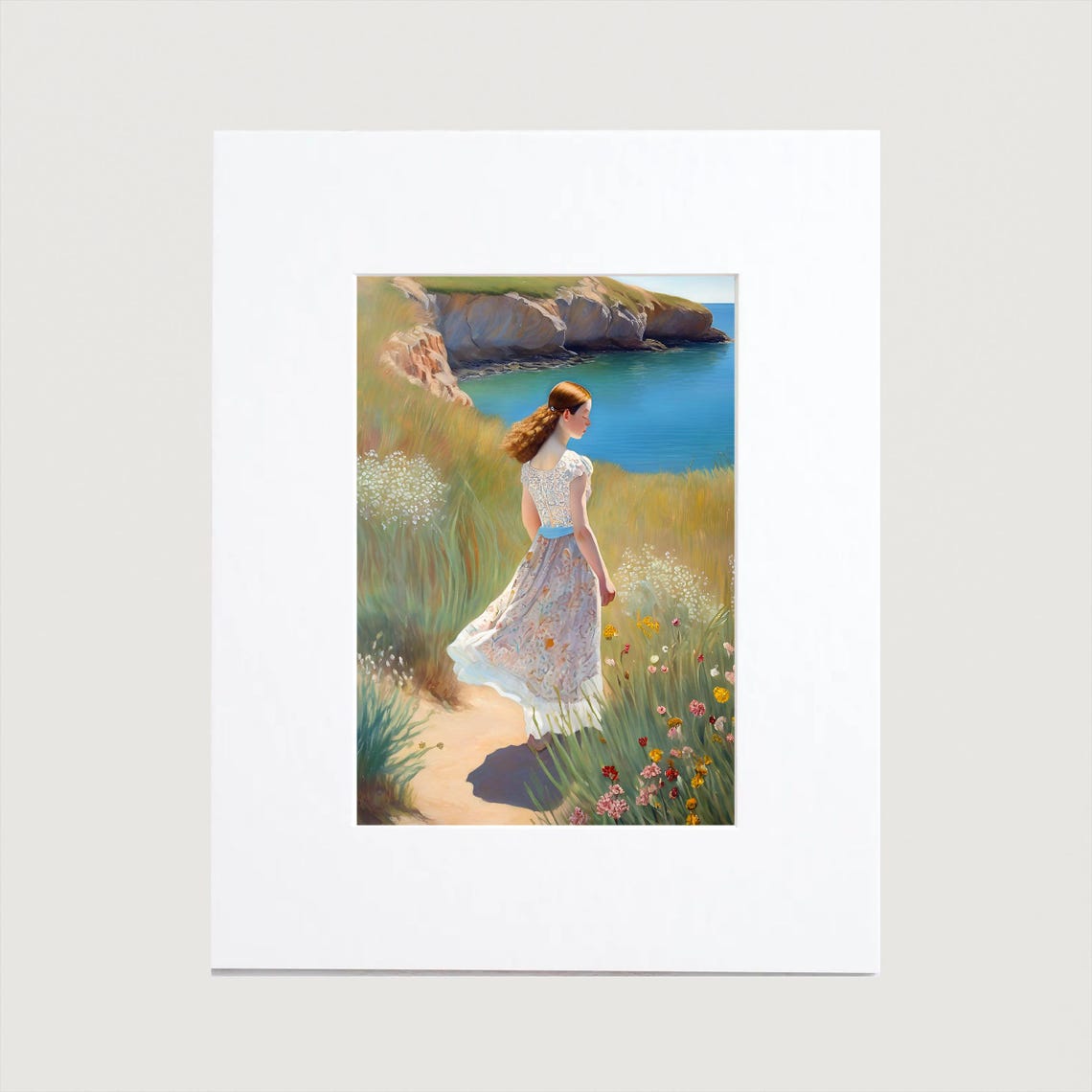 Woman On Cliff Path Overlooking Blue Sea Wildflower Art Poster - Image 2