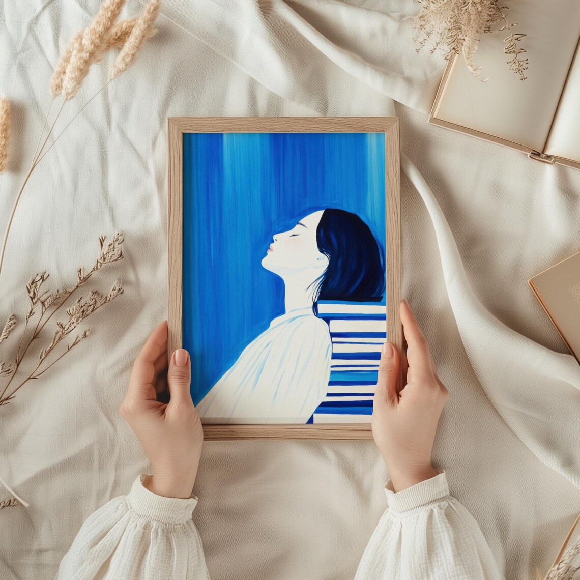Dreamy Portrait Of A Woman Resting On Books, Minimalist - Image 3