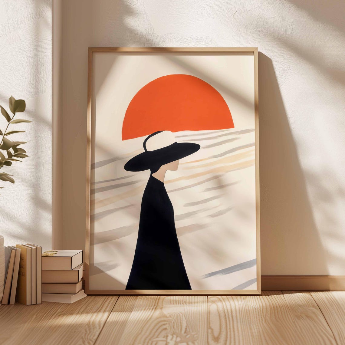 Woman With Sun Hat Watching Sunset Minimalist Beach Art Poster