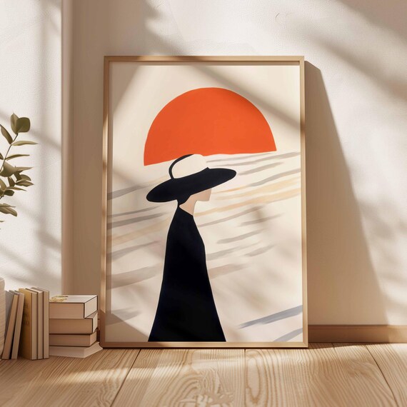 Woman With Sun Hat Watching Sunset Minimalist Beach Art Poster