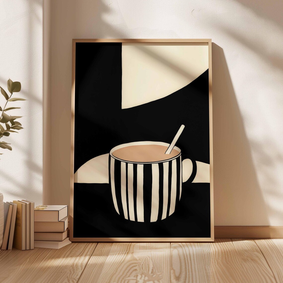 Striped Coffee Mug Art Neutral Kitchen Wall Decor Minimalist Cup Illustration Bold Contrast Beverage Artwork