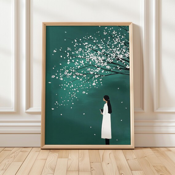 Woman Under Spring Blossoms Poetic Minimalist Wall Art Serene Feminine Print In Green And White Contemplative