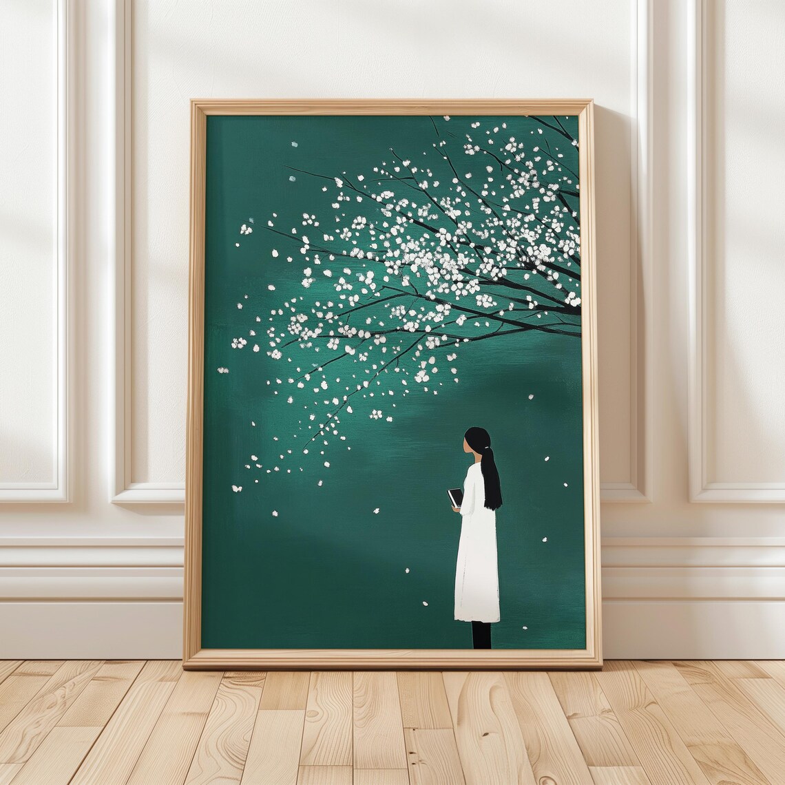 Woman Under Blossoming Tree Emerald Green Serene Minimalist Poster