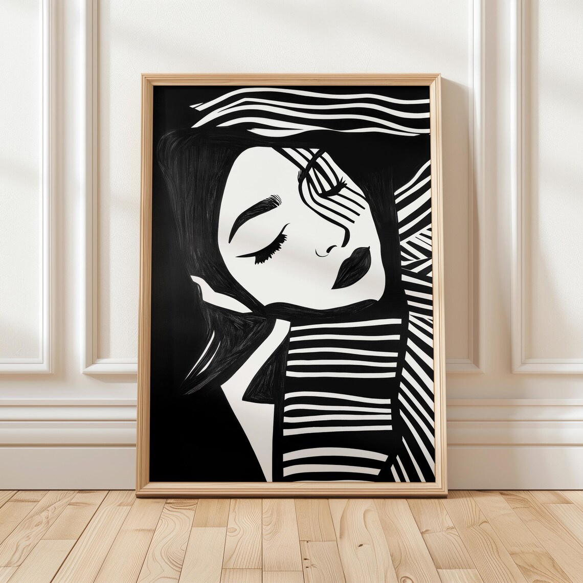 Abstract Black And White Woman Face Striped Overlay Modern Poster