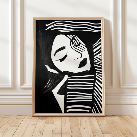 Abstract Black And White Woman Face Striped Overlay Modern Poster