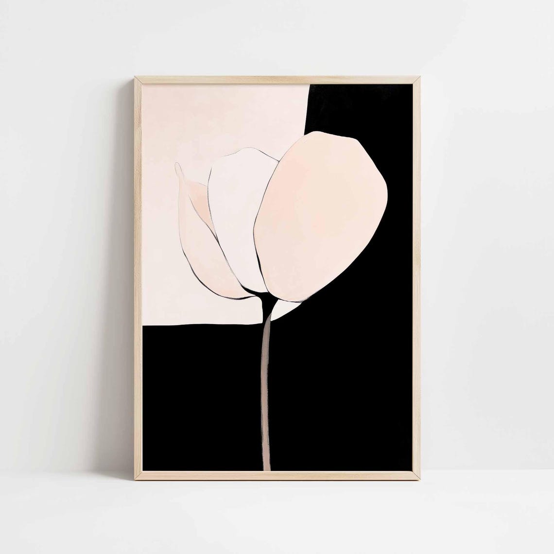 Pale Pink Tulip On Black Minimalist Modern Botanical Art Poster
