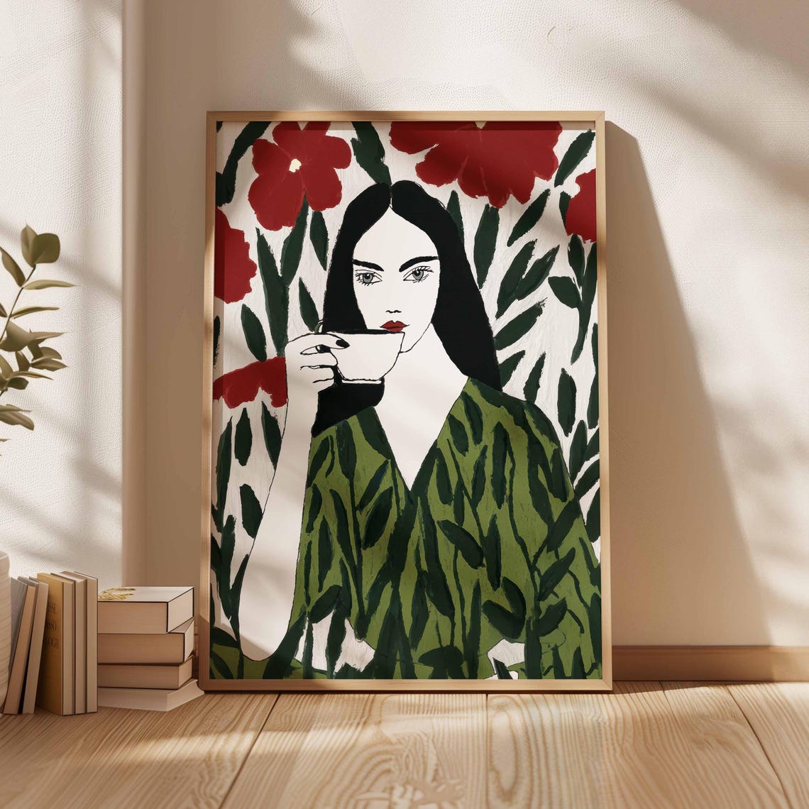 Woman Drinking Tea Bold Graphic Portrait Red Flowers Green Poster