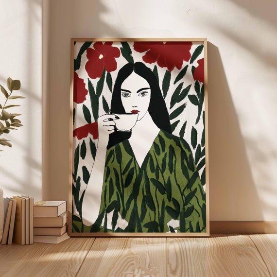 Minimalist Woman Portrait With Tea Cup Green And Red Floral Wall Art Bold Graphic Style Modern Home Decor