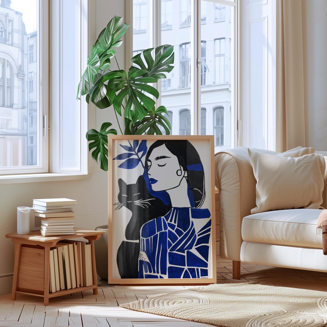 Woman With Black Cat On Shoulder In Blue Botanical Art Poster - Image 2