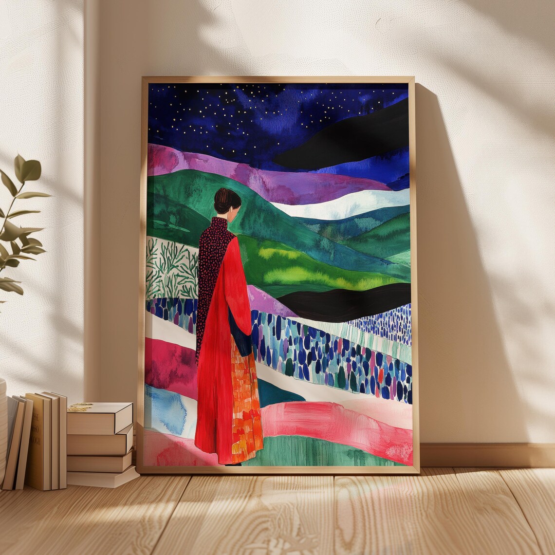 Starry Night Walk, Dreamy Woman Landscape Painting