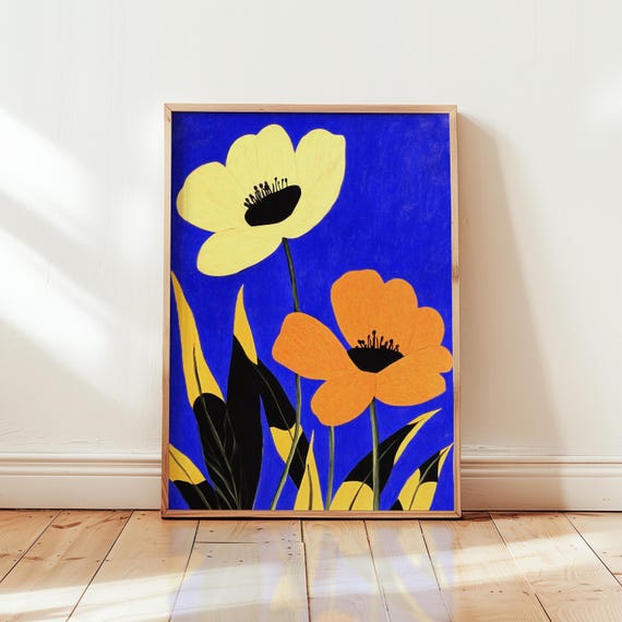 Bold Yellow And Orange Floral Composition On Blue Modern Graphic Wall Art Contemporary Botanical Art
