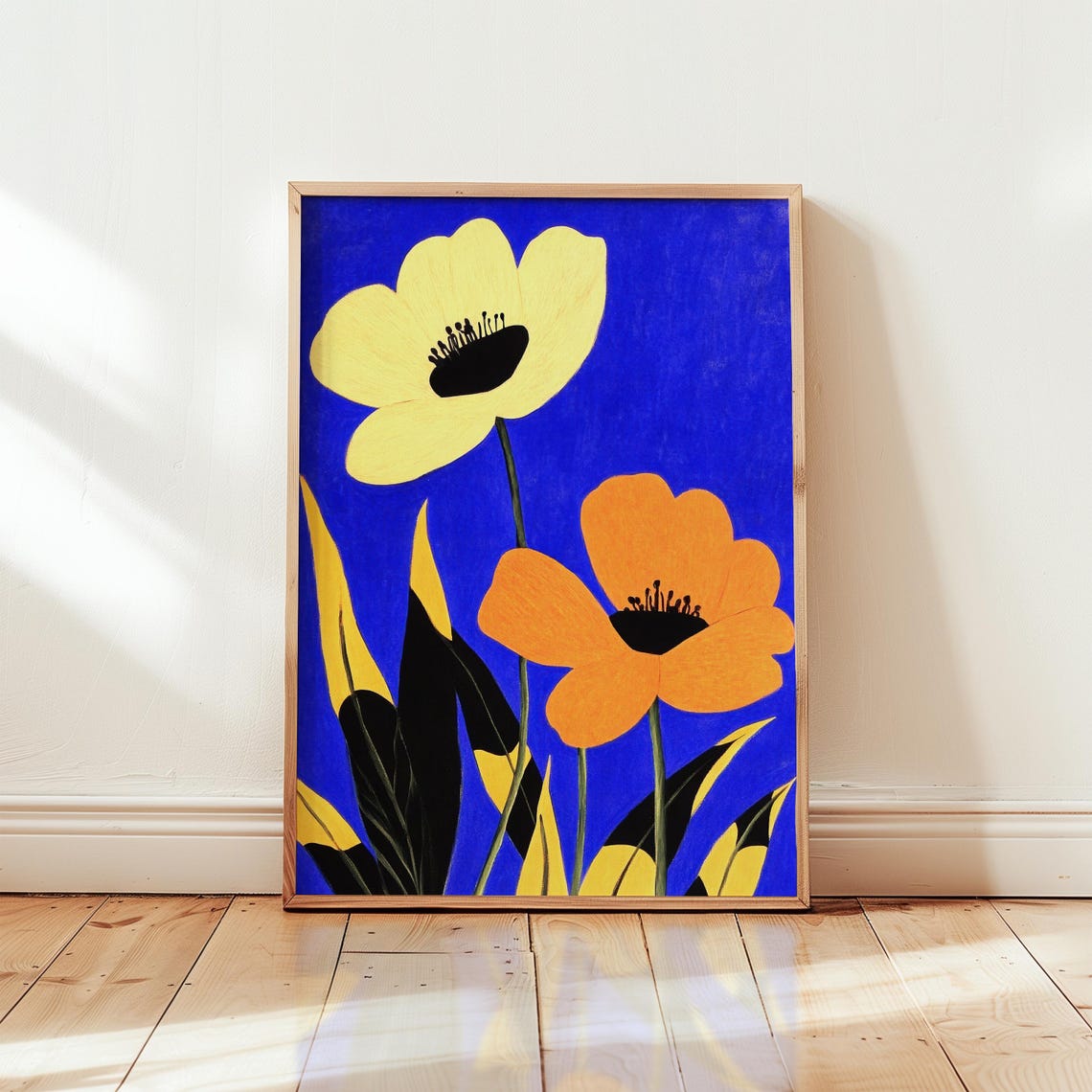 Bold Yellow And Orange Floral Composition On Blue Modern Graphic Wall Art Contemporary Botanical Art