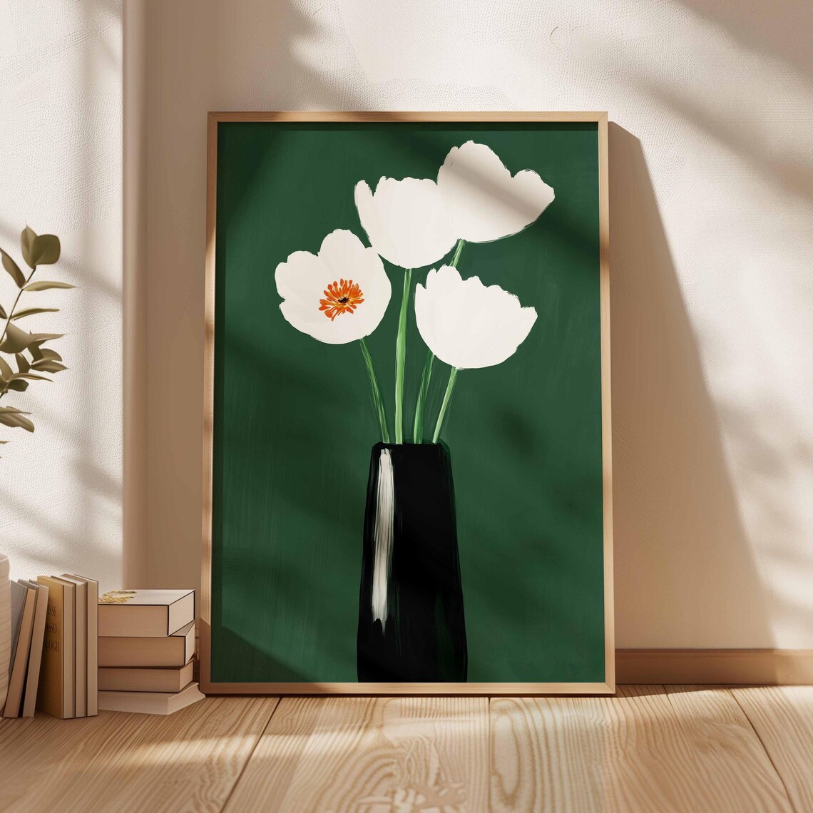 White Poppies In Black Vase On Dark Green Floral Still Life Poster