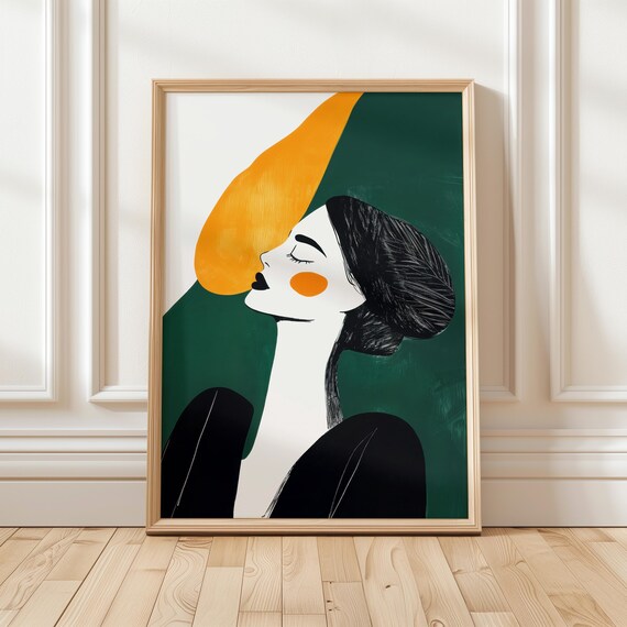 Woman Portrait in Green and Black With Orange Accent Art Poster