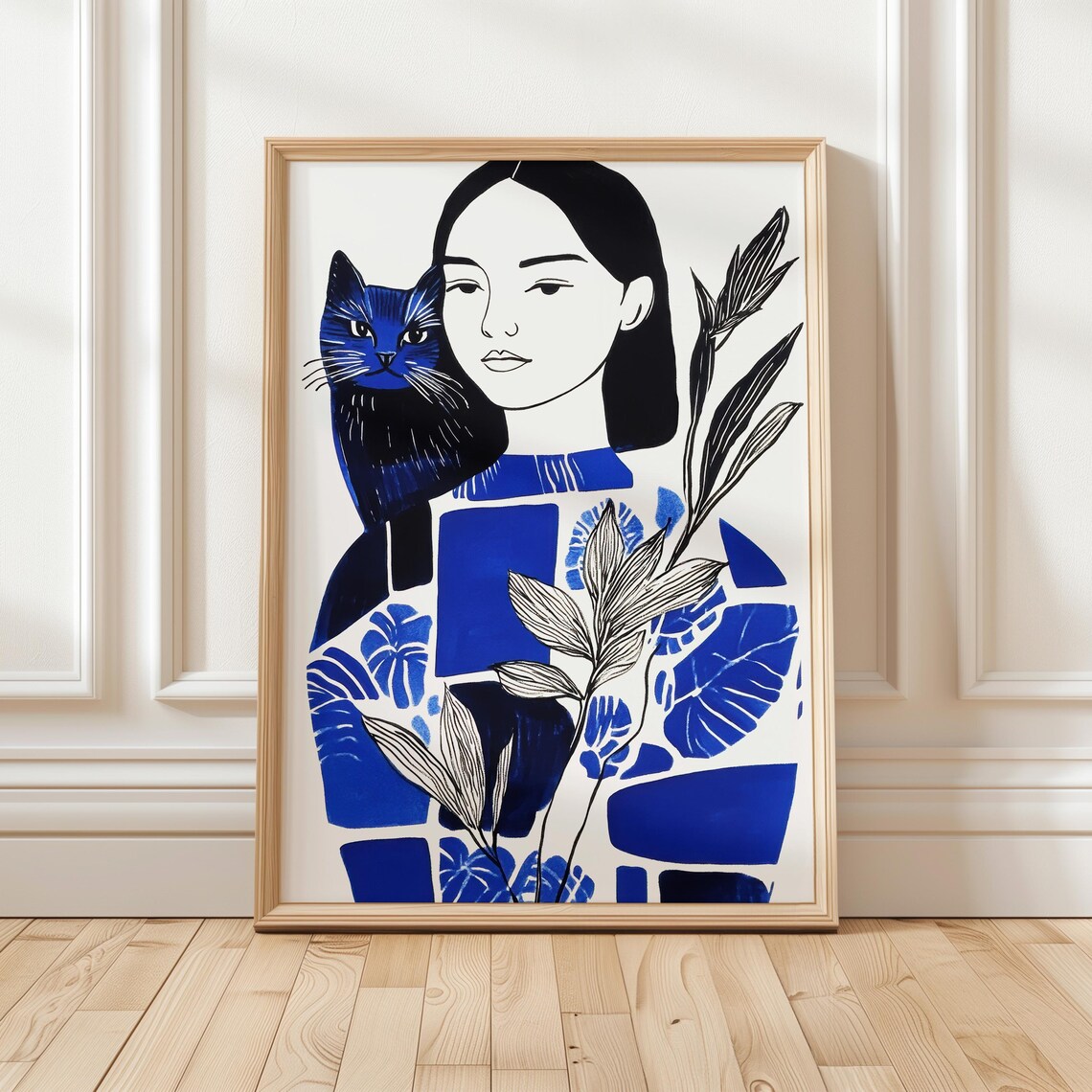 Woman With Indigo Cat and Botanical Leaves Modern Art Poster
