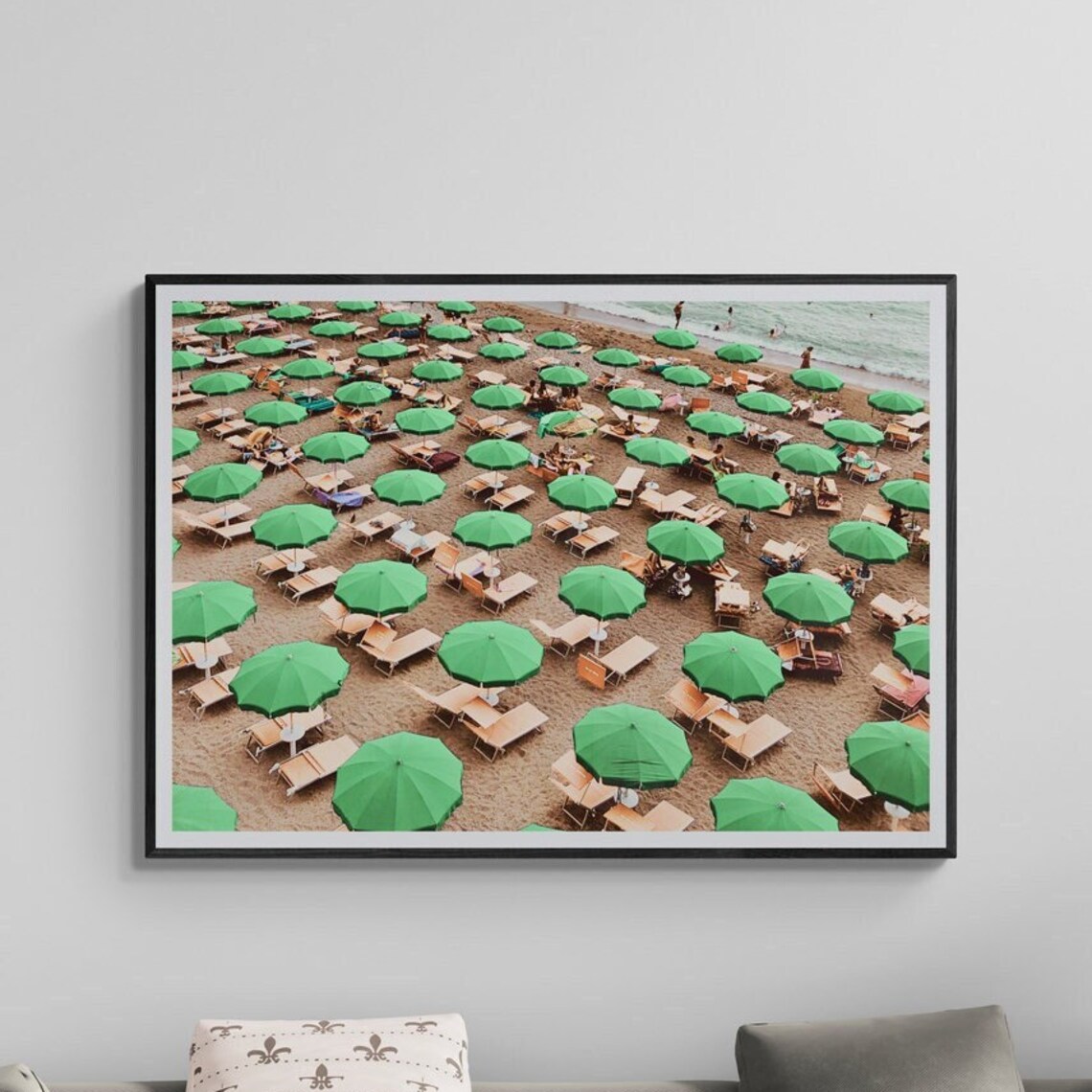 Italy Beach Aerial Photography Poster With Rows of Green Umbrellas