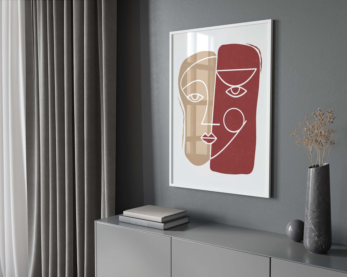 Abstract Two Faces Line Art in Beige and Terracotta Art Poster - Image 3