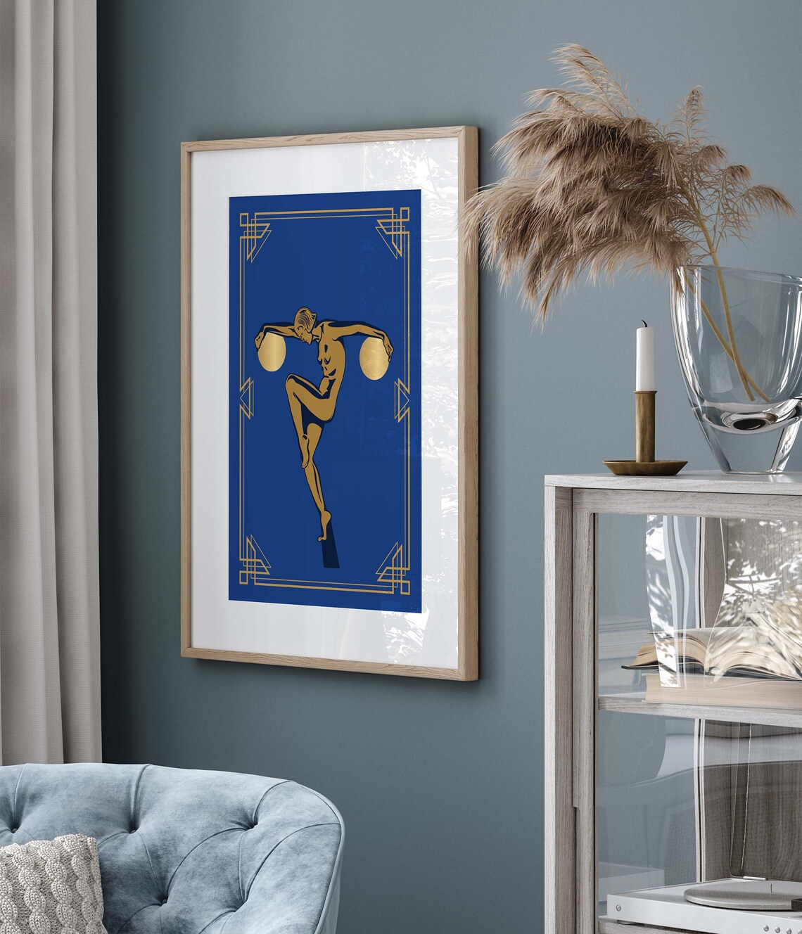 Art Deco Gold Dancer on Cobalt Blue Geometric Frame Art Poster - Image 3
