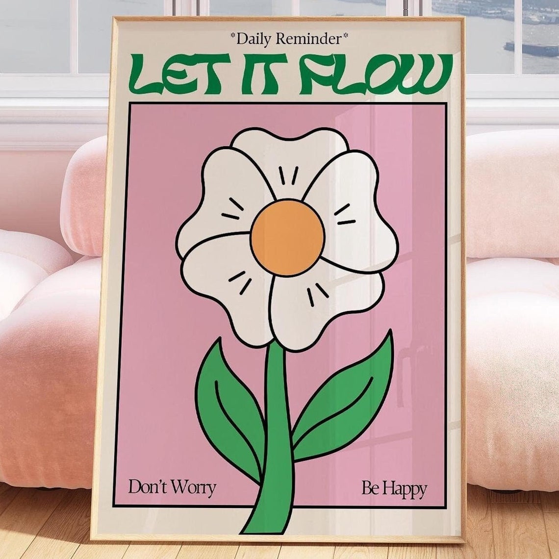 Let It Flow 70s Art Positive Quote Poster Trendy Y2k Print Dorm Room Decor Cute Pink