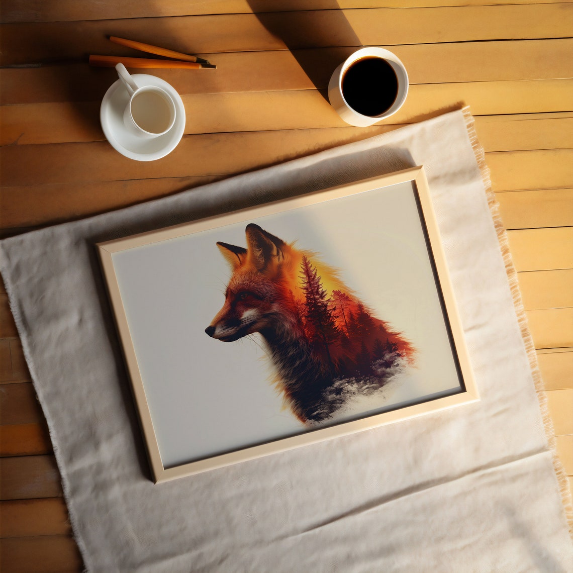 Fox Silhouette Sunset Pine Forest Double Exposure Nature Wall Poster - Image 3
