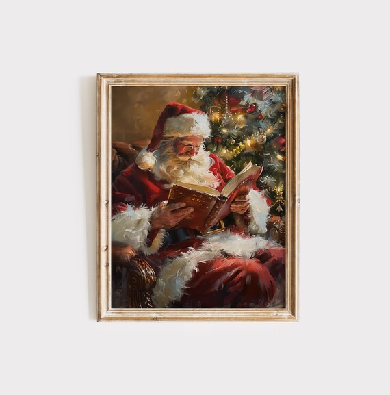 Santa Claus Reading a Book by Glowing Christmas Tree Warm Holiday Poster