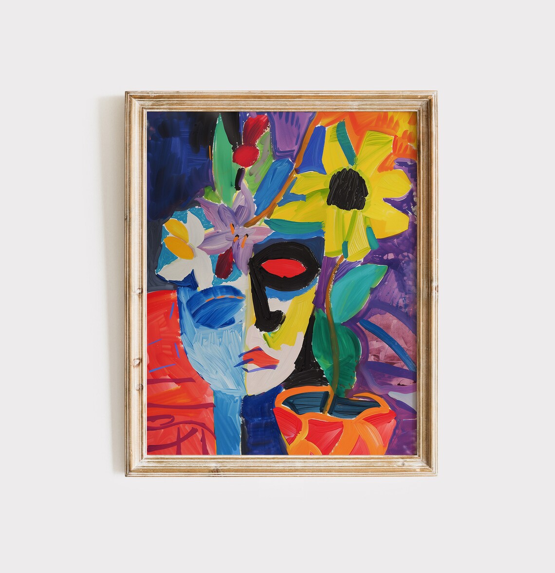 Colorful Abstract Face and Sunflowers in Matisse Style Art Poster - Image 3