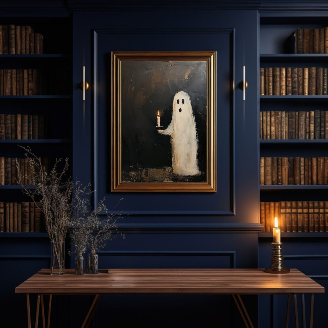 Cute White Ghost Holding Candle Dark Background Halloween Wall Poster - Image 3