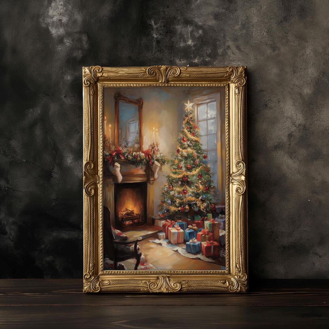 Cozy Christmas Living Room Fireplace Tree And Gifts Painting Wall Poster - Image 3