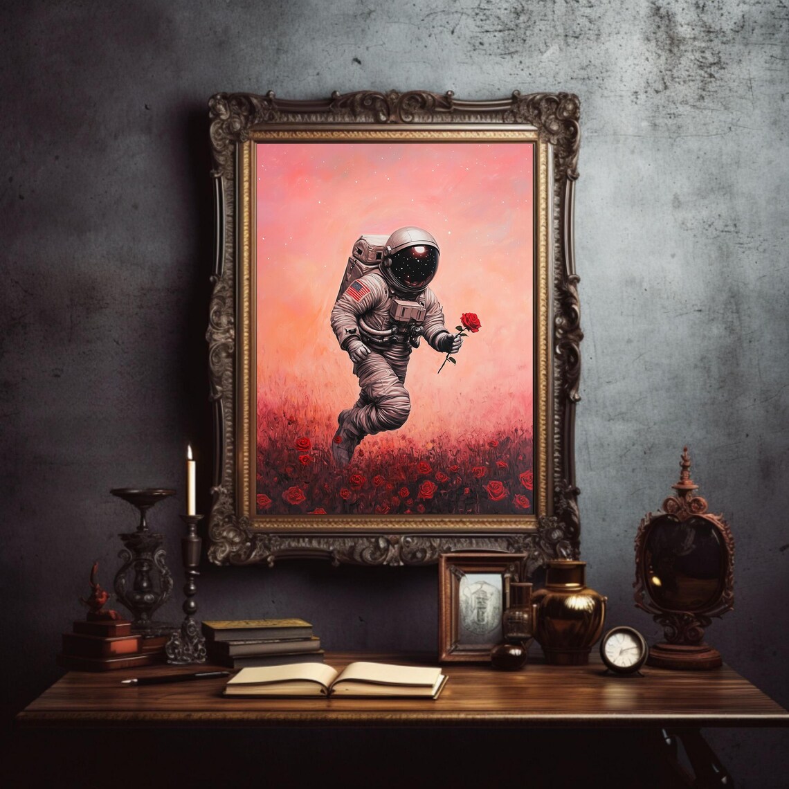 Astronaut Holding Red Rose In Field Of Roses Romantic Space Poster - Image 2