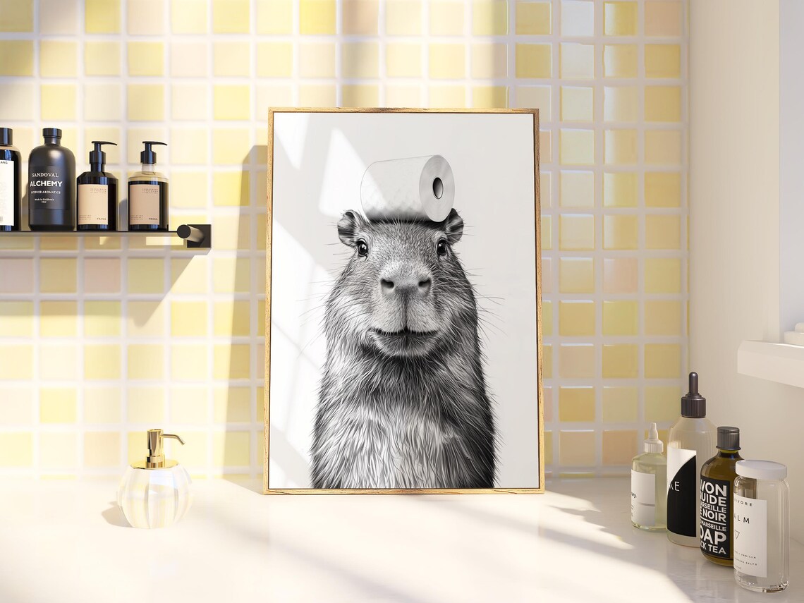 Capybara Animal Bathroom Poster, Black and White Art Print - Image 2