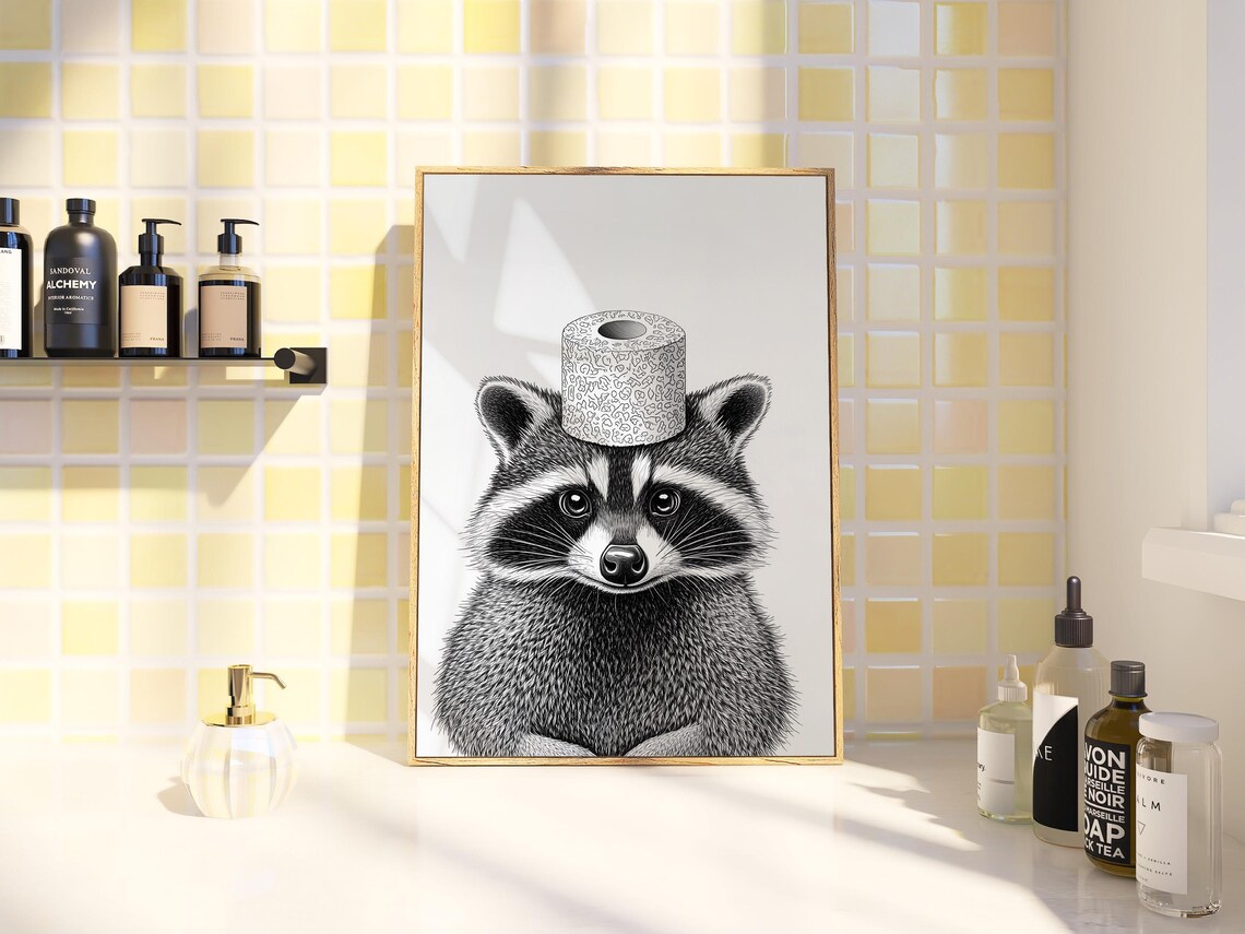 Raccoon Toilet Paper Roll Hat Cute Black White Sketch Funny Poster - Image 2
