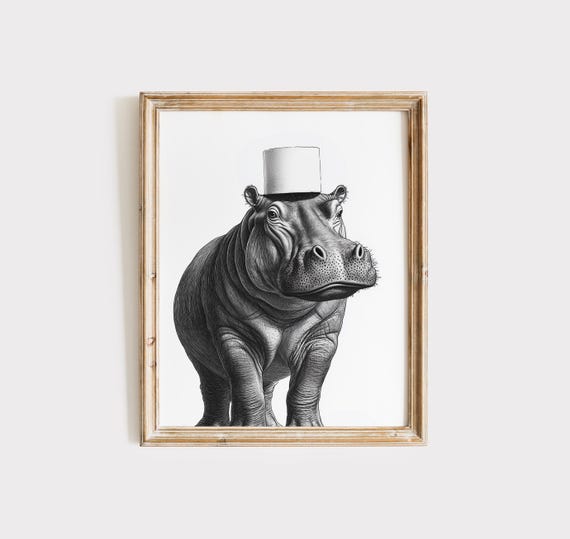 Hippo Poster Hippo Animal Bathroom Poster Hippo Gift Hippo Art Bathroom Wall Decor Poster Black And White Hippopotamus Bathroom Print Gift
