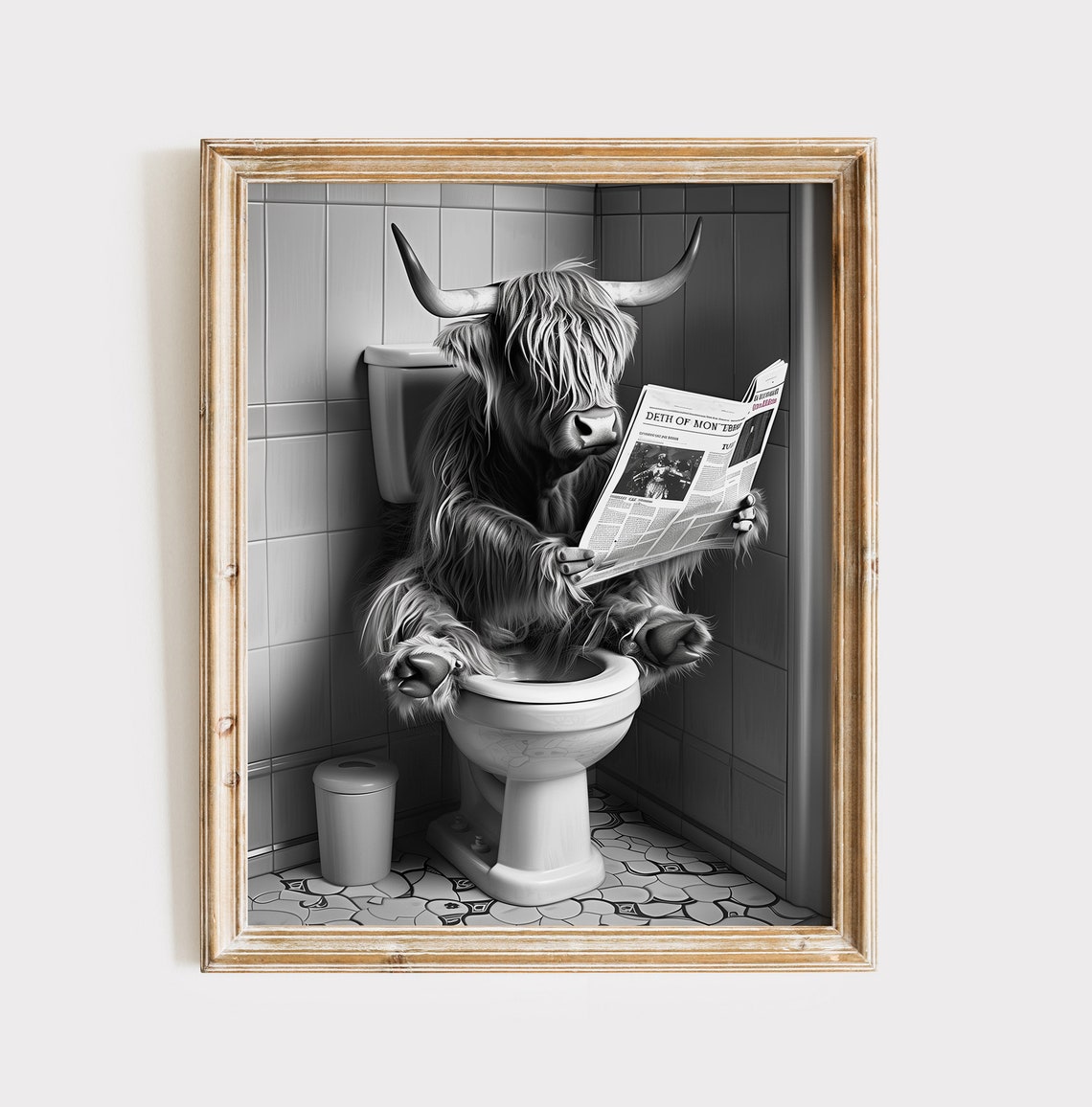 Highland Cow on Toilet Reading Newspaper Funny Bathroom Poster