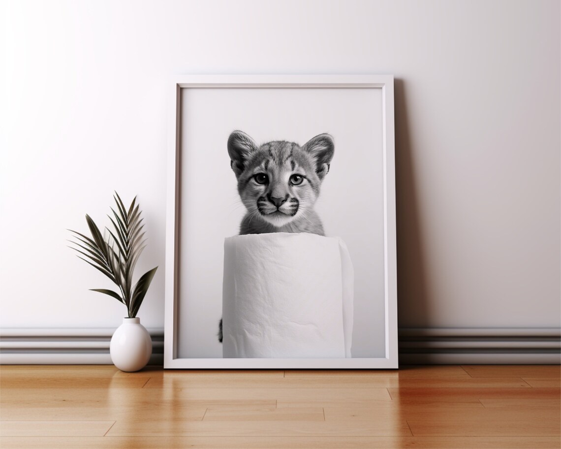 Wild Cat Cub Toilet Paper Roll Peek Cute Black White Funny Poster - Image 2
