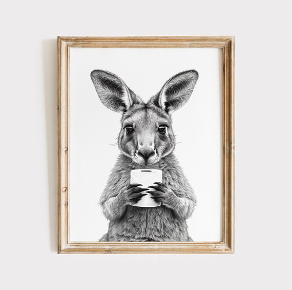 Kangaroo Poster Animal Bathroom Poster Kangaroo Gift Kangaroo Art Bathroom Wall Decor Poster Black And White Bathroom Print